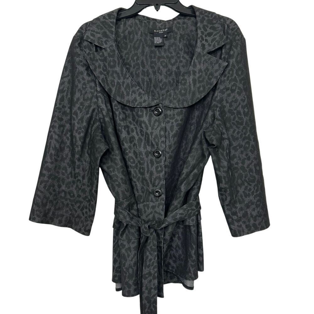 Sandro Woman Gray Animal Print Belted Jacket 3X Wide Collar Chic Sophisticated